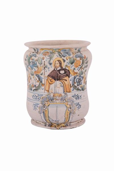 Albarello in Ceramica Bianca Raffigurante nella Parte Superiore San Rocco con Mantella da Pellegr...