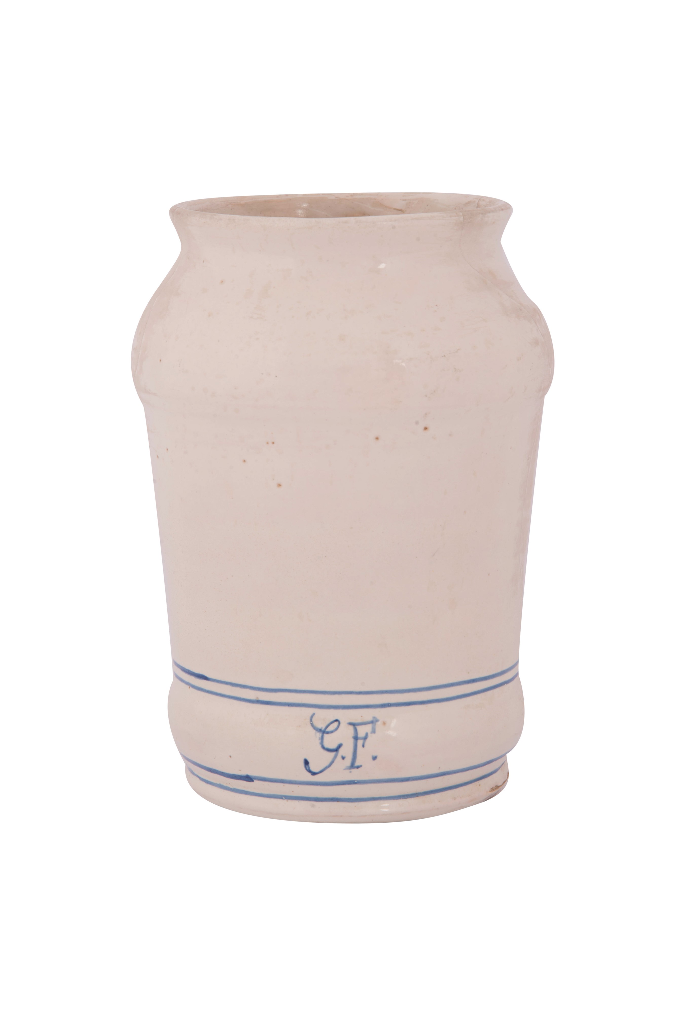 Albarello in Ceramica Bianca con Amorino e Specchio Evocante il Tema della Vanitas.