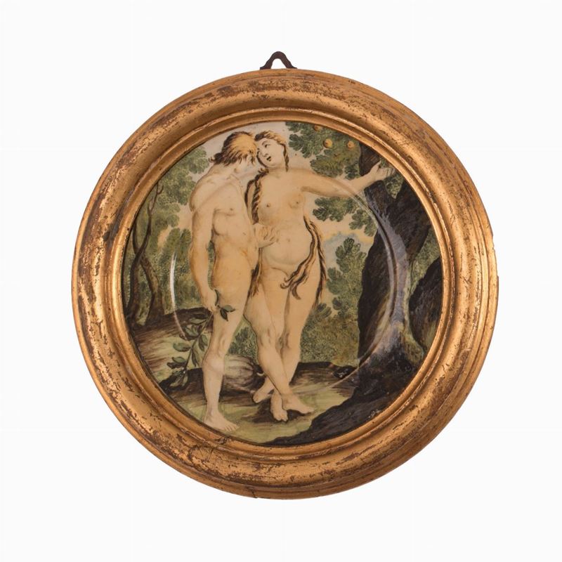 Piattino Castelli in Cornice Decorato in Policromia con Adamo ed Eva nel Giardino Dell' Eden