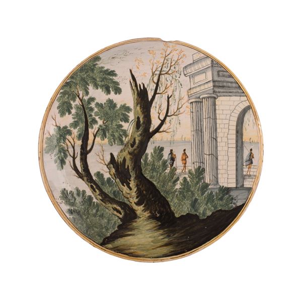 Mattonella tonda in ceramica Castelli,  Aurelio Anselmo Grue (attribuito)