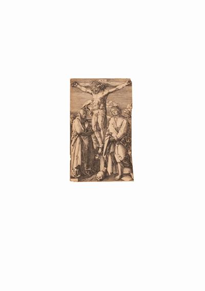 Incisione da Albrecht Durer Cristo in Croce tra la Vergine e San Giovanni