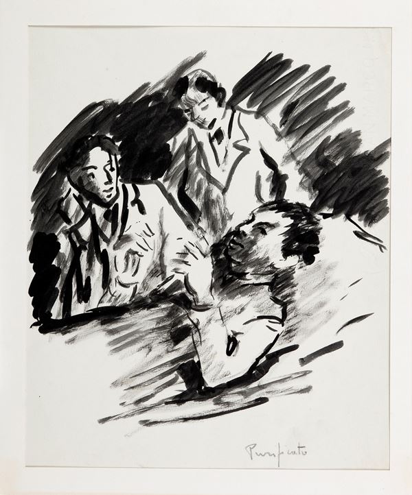 Domenico Purificato : Conversazione  (1939/40)  - Acquerello e pastello su carta - Asta Arte Moderna e Contemporanea - Gliubich Casa d'Aste