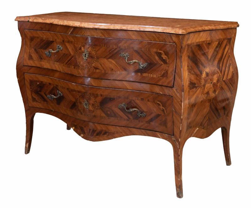 Cassettone Napoli Lastronato in Palissandro e Intarsiato in Bois De Rose. Piano in Marmo Rosso di...