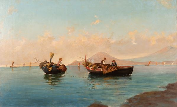 Golfo di Napoli con barche e pescatori
