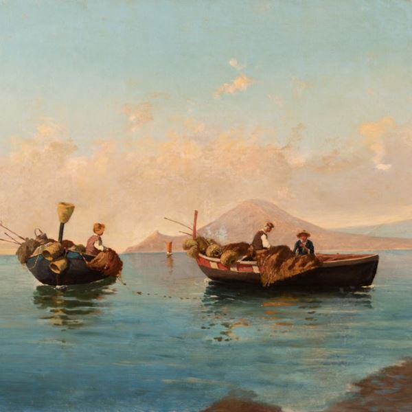 Golfo di Napoli con barche e pescatori