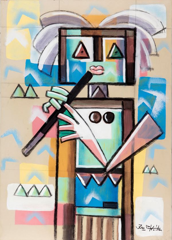 Ibrahim Shaban Likmetaj Kodra : Suonatore   - Tempera su tela - Asta Asta 14: Arte Moderna e Contemporanea - Gliubich Casa d'Aste