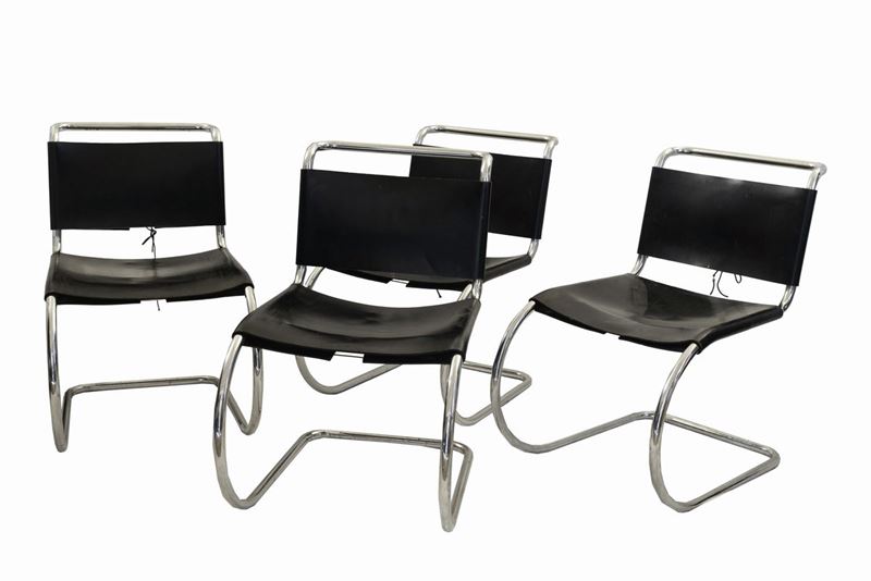 4 Sedia Anni ’80 in Stile Bauhaus Disegnata da Mart Stam e Marcer Beuer in Acciaio e Cuoio Nero