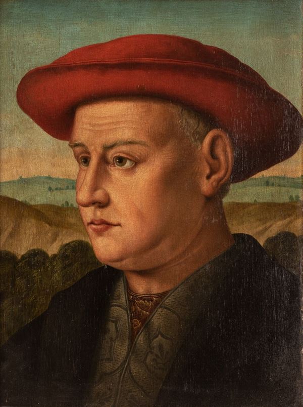 Icilio Federico Joni ( Attribuito a ) - Ritratto di giovane in abiti quattrocenteschi e cappello rosso.