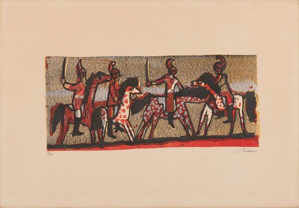 Mino Maccari - Scene di guerra con cavalieri in armi
