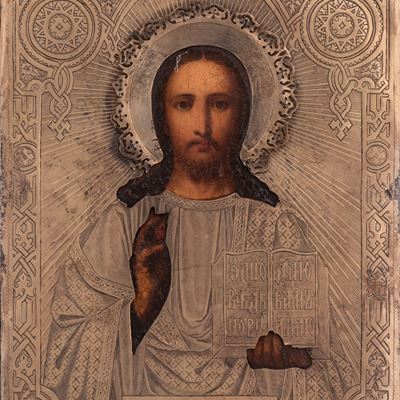 Icona Russa Raffigurante Cristo Pantocratore con Riza Vermeille