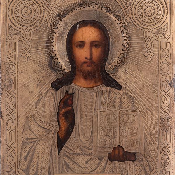 Icona russa raffigurante Cristo Pantocratore con riza vermeille  ì