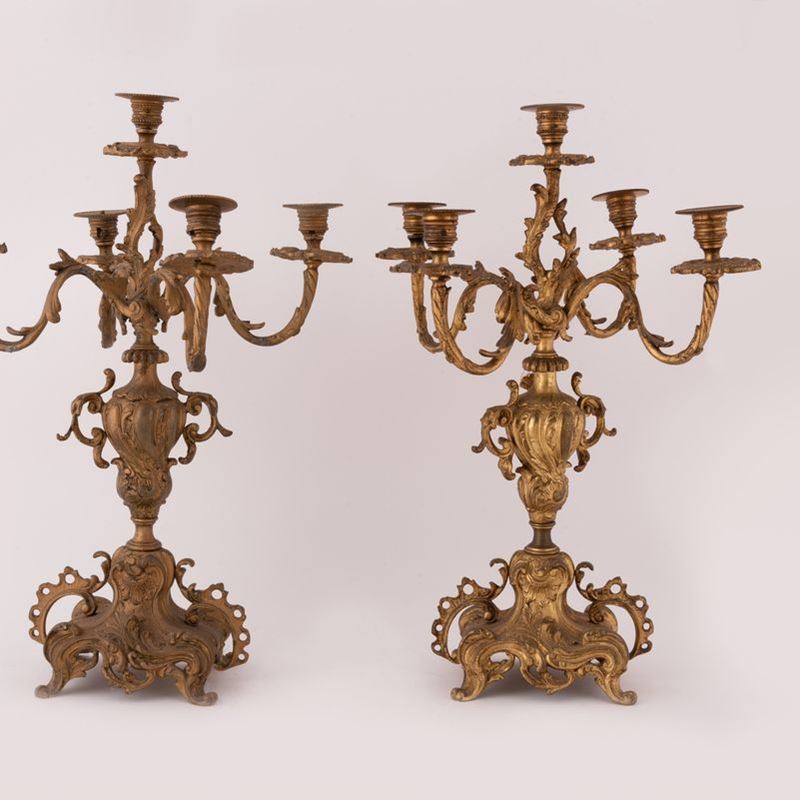 Coppia di Candelieri in Bronzo Dorato a 5 Luci