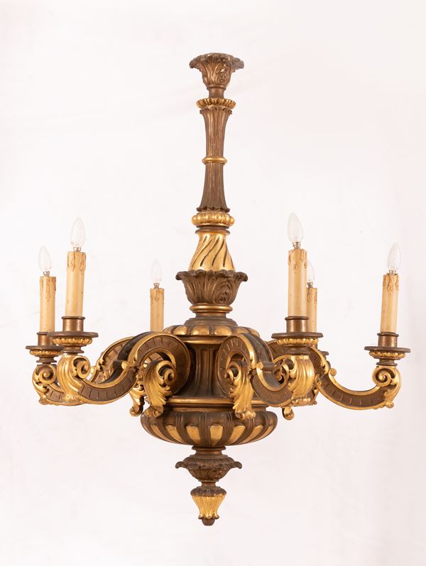 LAMPADARIO A 6 LUCI IN LEGNO INTAGLIATO, LACCATO E DORATO. SICILIA  (XIX secolo)  - Auction Asta 19: Oggetti d'arte, argenti e dipinti antichi - Gliubich Casa d'Aste