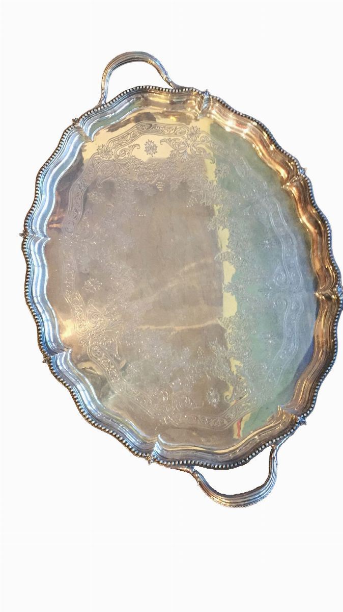 Elegante Vassoio Antico in Argento 925 di Forma Sagomata con Manici