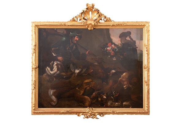 Scuola dell'Italia del nord del XVII secolo - Grande dipinto ad olio raffigurante natura morta con cacciagione, cani, fiori e figura virile.