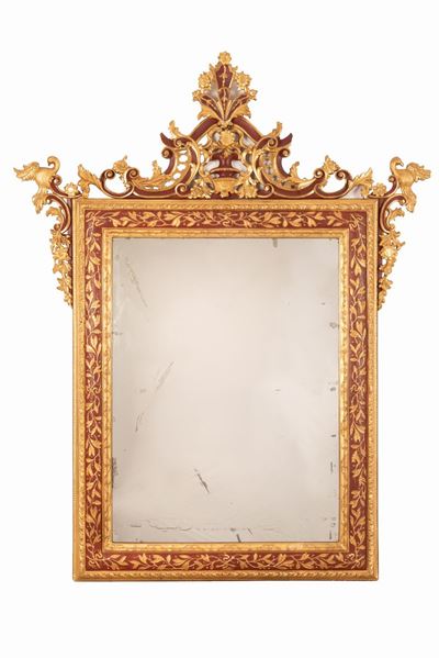 Antica Specchiera in Legno Dorato e Lacca Rossa
