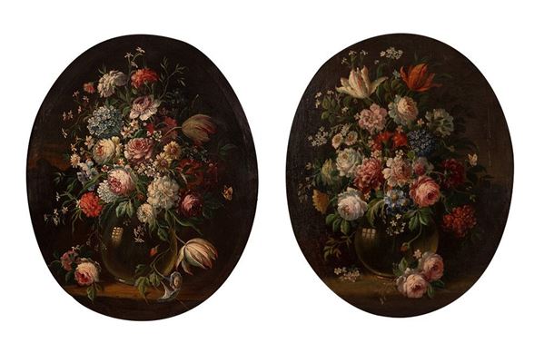 Pittore Francese del XIX secolo - Coppia di nature morte di fiori in cornice laccata