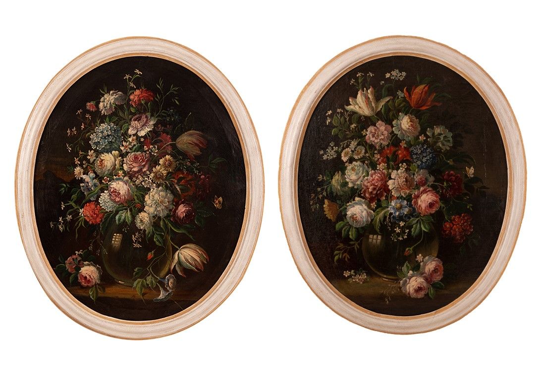 Pittore Francese del XIX Secolo - Coppia di Nature Morte di Fiori in Cornice Laccata