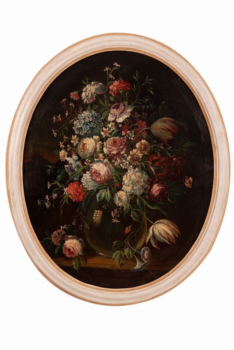 Pittore Francese del XIX Secolo - Coppia di Nature Morte di Fiori in Cornice Laccata