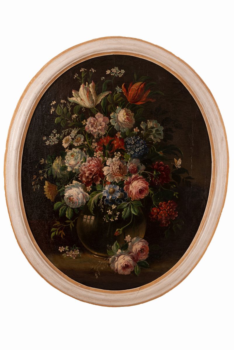 Pittore Francese del XIX Secolo - Coppia di Nature Morte di Fiori in Cornice Laccata