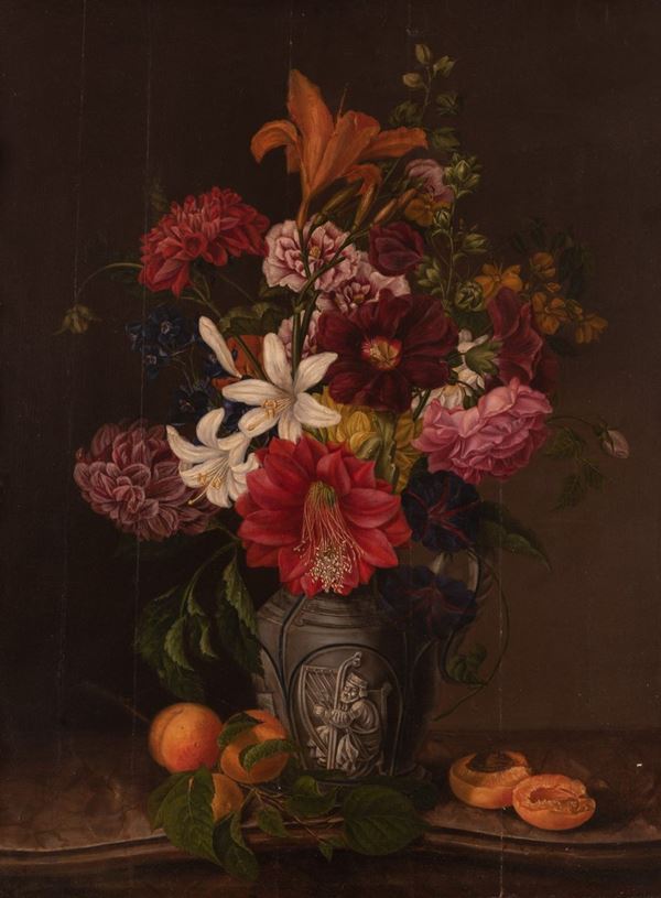 Scuola Fiamminga XIX secolo - Natura morta con fiori in vaso di metallo