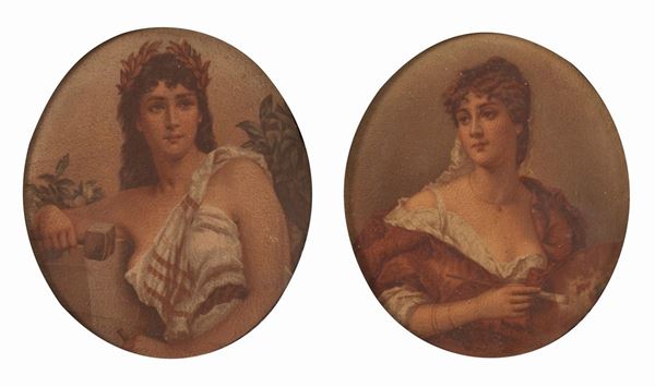 Scuola francese del XX secolo - Coppia di ritratti femminili in cornice ebanizzata coeva