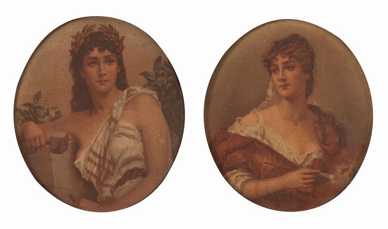 Scuola Francese del XX Secolo - Coppia di Ritratti Femminili in Cornice Ebanizzata Coeva