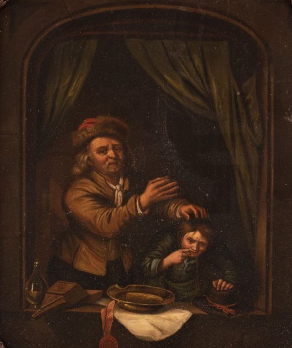 Pittore fiammingo del XIX secolo - Il cavadenti ( copia da Gerhard Dow)
