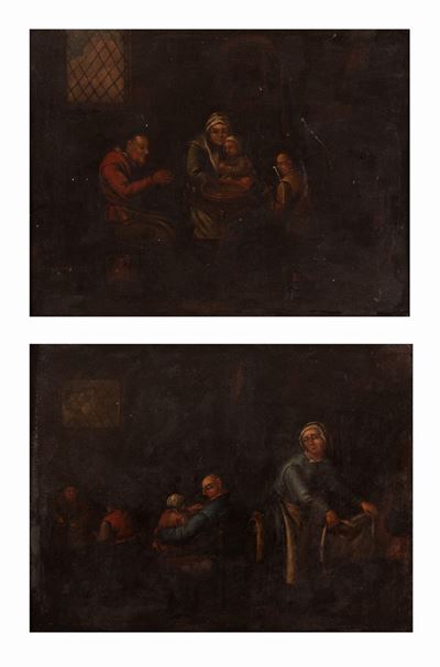 Due Dipinti Raffiguranti Scene di Interno di Cucina con Figure