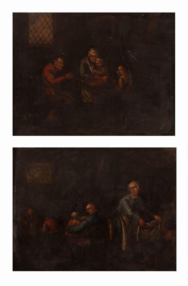 Pittore fiammingo del XIX secolo - Due dipinti raffiguranti scene di interno di cucina con figure