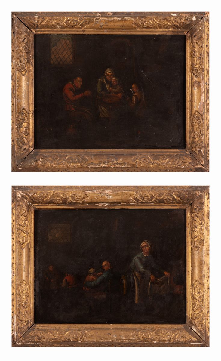 Pittore Fiammingo del XIX Secolo - Due Dipinti Raffiguranti Scene di Interno di Cucina con Figure