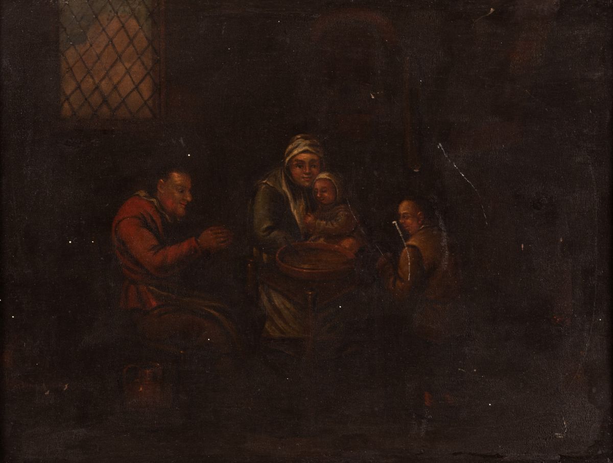 Pittore Fiammingo del XIX Secolo - Due Dipinti Raffiguranti Scene di Interno di Cucina con Figure