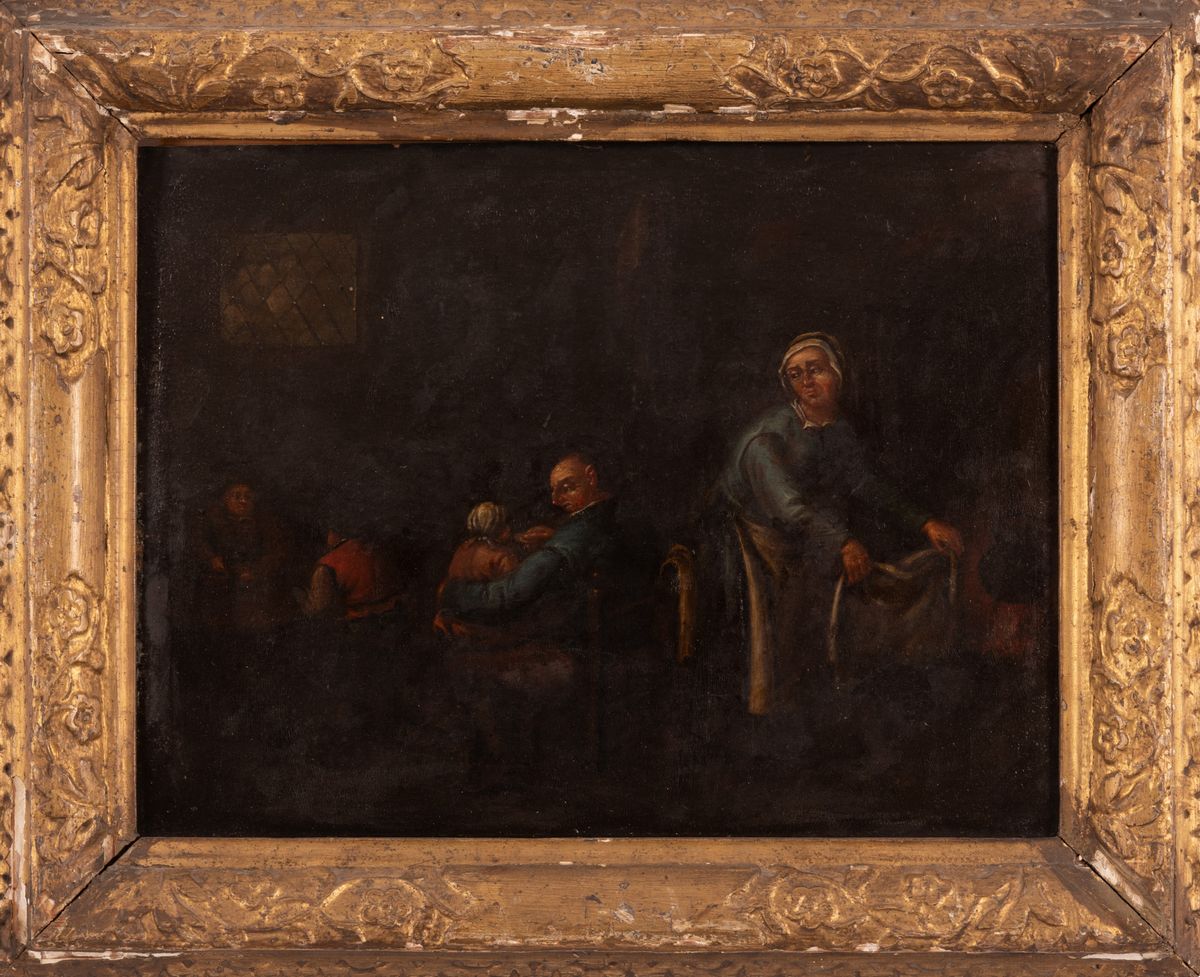 Pittore Fiammingo del XIX Secolo - Due Dipinti Raffiguranti Scene di Interno di Cucina con Figure