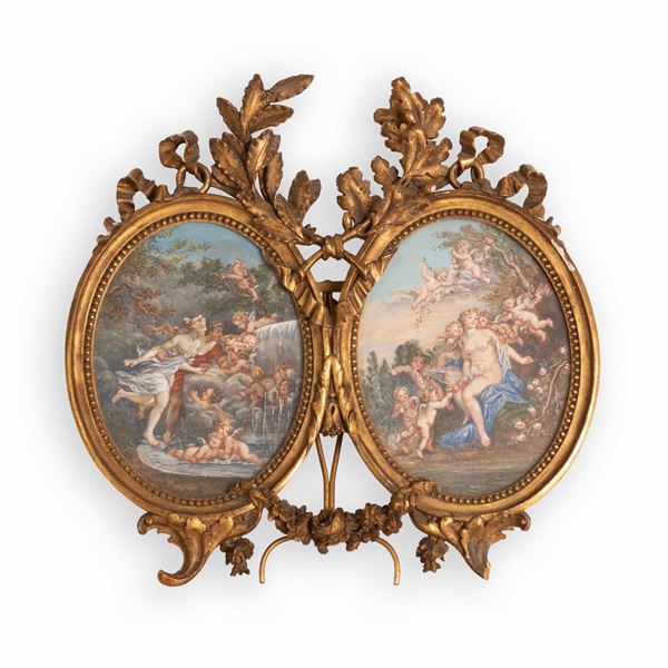 Pittore Francese del XIX secolo - Coppia di acquerelli da François Boucher in cornice intagliata e dorata: Venere e Apollo; Venere con amorini 