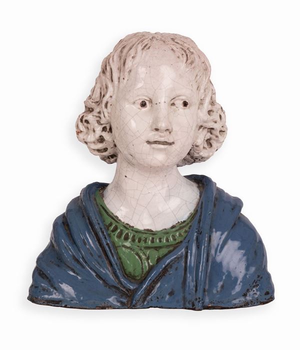 Manifattura toscana del XIX secolo - Busto di fanciullo in terracotta maiolicata