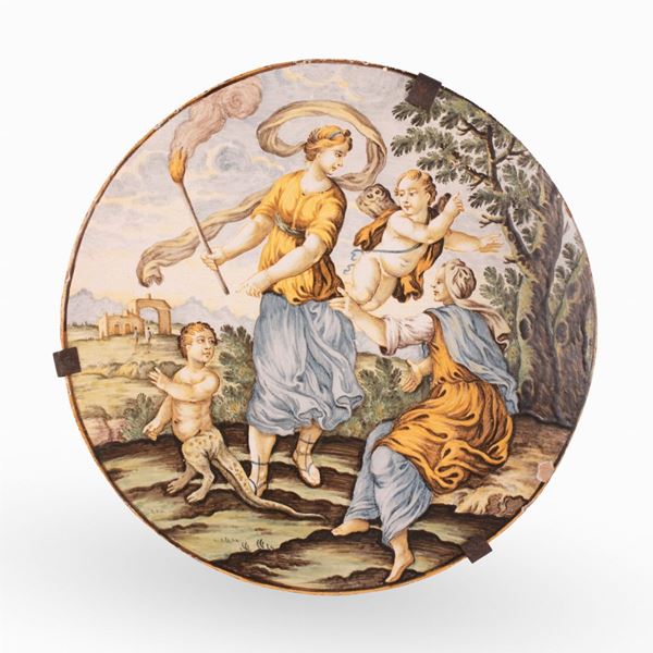 Manifattura Gentili, Castelli, XVIII secolo - Tondo in maiolica rappresentante allegoria della scelta tra il bene e il male