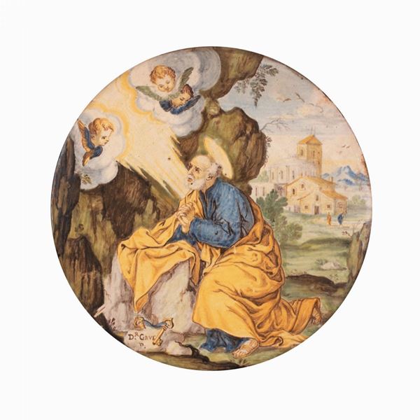 Francesco Antonio Saverio Grue - Tondo in maiolica decorato in policromia con San Pietro in preghiera ai piedi di una roccia. Sullo sfondo paesaggio di personaggi e case.