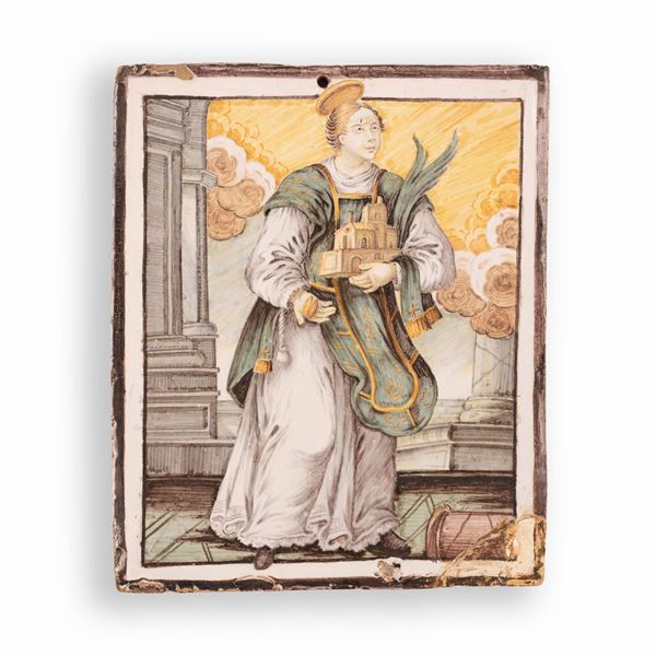 Manifattura castellana del XVIII secolo - Placca in maiolica decorata con Santa Martire.