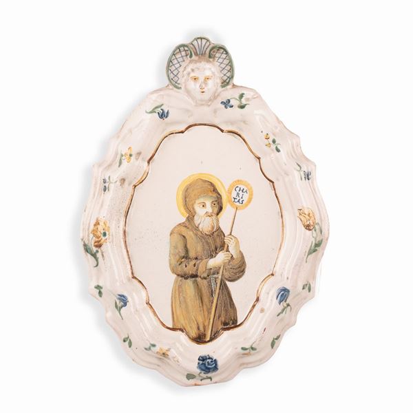 Manifattura castellana dell'ultimo quarto del XVIII secolo - Targa devozionale con San Francesco di Paola in maiolica policroma. Probabilmente bottega di Silvio De Martinis o Gesualdo Fuina
