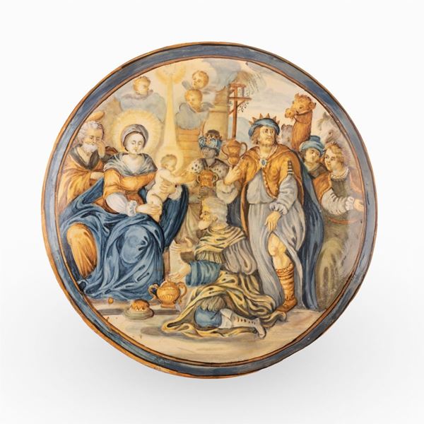 Francesco Antonio Saverio Grue - Tondo in maiolica istoriato con la scena biblica della Visitazione dei Magi.