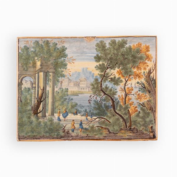 Nicola Cappelletti - Mattonella maiolicata decorata con paesaggio.