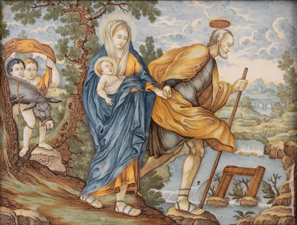 Francesco Saverio Grue - Mattonella maiolicata istoriata con la scena biblica della Fuga in Egitto