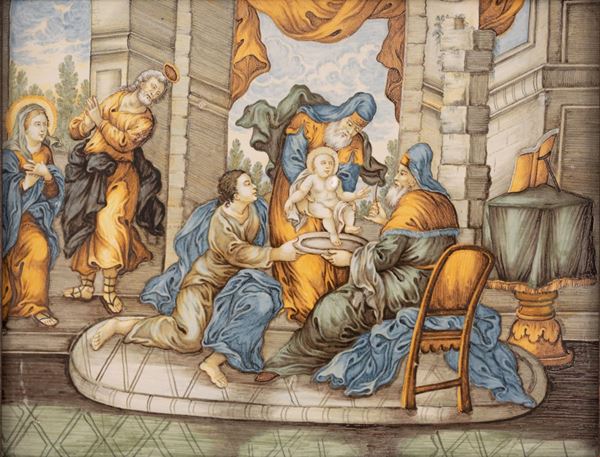 Bernardino Gentili Il Giovane - Mattonella maiolicata, istoriata con la scena Evangelica della Circoncisione di Cristo.