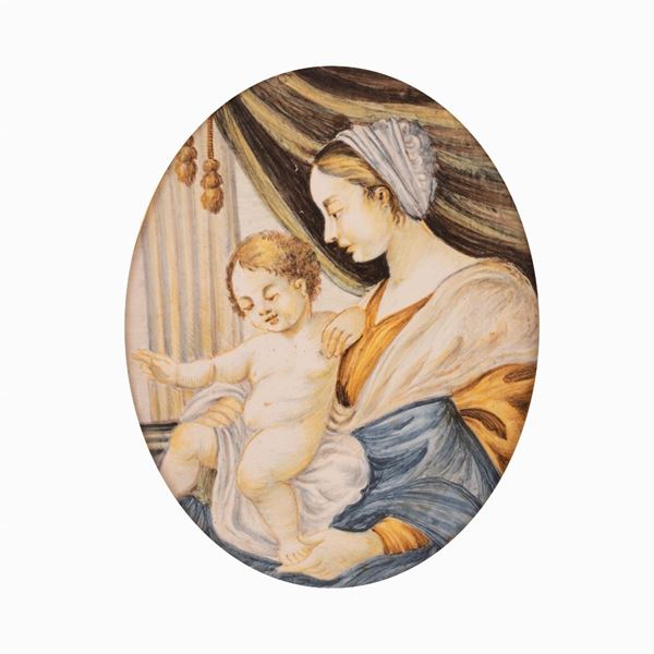 Candeloro Cappelletti - Mattonella ovale in maiolica raffigurante la Madonna con il Bambino Gesù