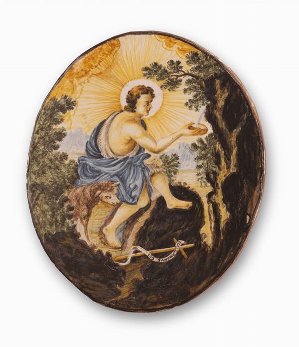 Francesco Saverio Grue - Mattonella maiolicata ovale raffigurante San Giovanni Battista