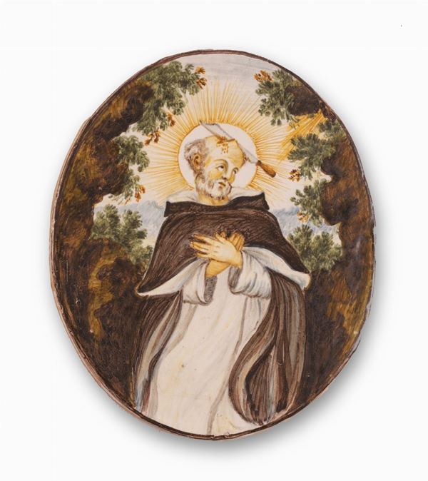 Francesco Saverio Grue - Mattonella maiolicata ovale raffigurante un Santo Vescovo.