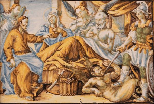Maestro castellano attivo intorno alla met&#224; del XVIII secolo - Mattonella maiolicata raffigurante l'episodio biblico della Resurrezione di Lazzaro.