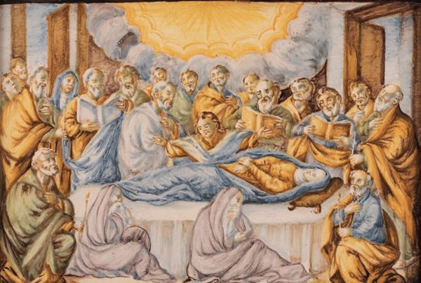 Maestro castellano attivo intorno alla met&#224; del XVIII secolo - Mattonella maiolicata raffigurante l'episodio Evangelico della Dormitio Virgini
