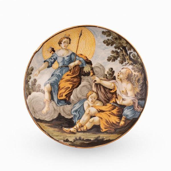 Carmine Gentili - Coppetta in maiolica istoriata raffigurante l'apparizione della dea Diana ad una ninfa
