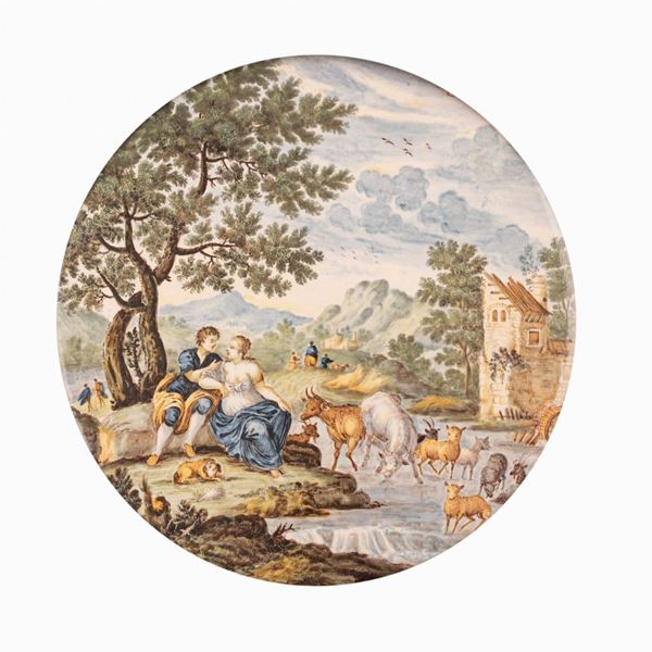 Francesco Saverio Grue - Tondo in maiolica decorato con scena arcadica